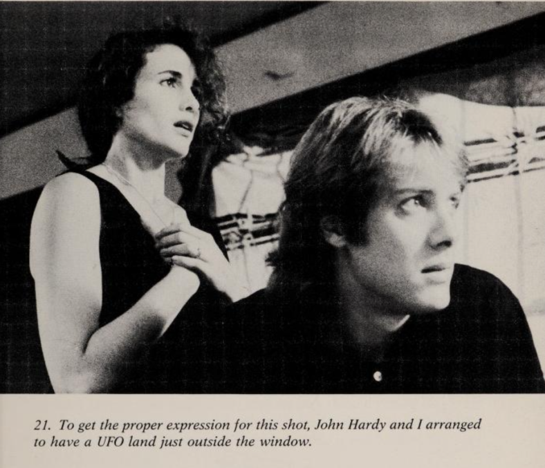 Photo of Andie MacDowell and James Spader with the caption "To get the proper expression for this shot, John Hardy and I arranged to have a UFO land just outside the window."