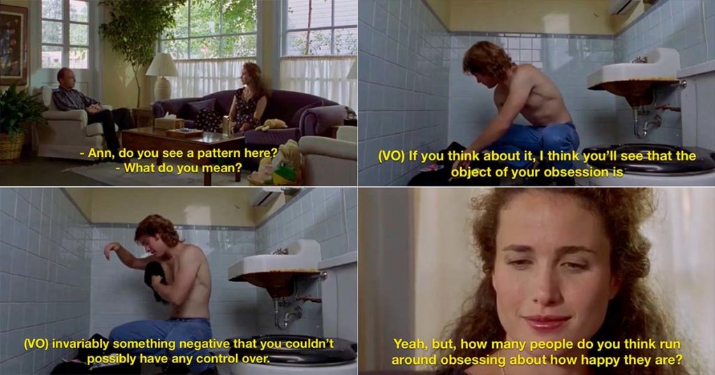 Dialogue from Ann's first conversation with her therapist, overlaid on frames of James Spader dressing in a bathroom.