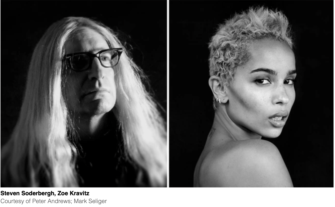 Steven Soderbergh's headshot, dramatically lit in a blonde wig, credited to Peter Andrews, next to Zoe Kravitz, also dramatically lit and looking like a model, credited to Mark Seliger